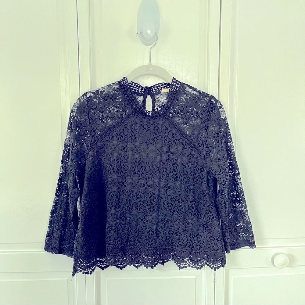 Sophie Rue Black Crochet Semi-Sheer 3/4 Sleeve Bodice Overlay Mock Neck Blouse